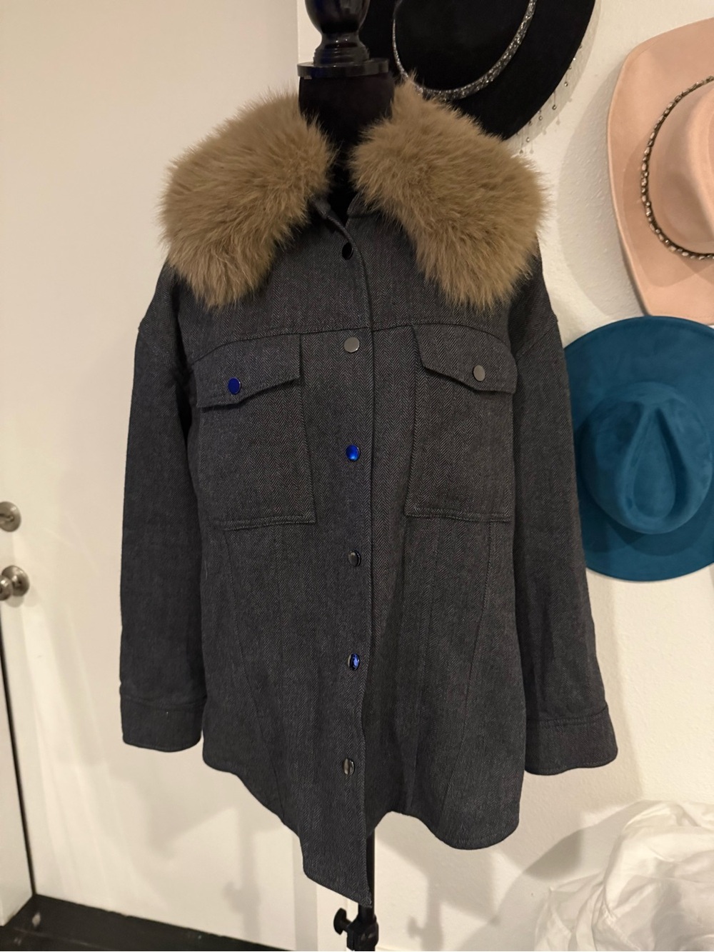 Women's Charcoal Pea Coat with Faux Fur Collar